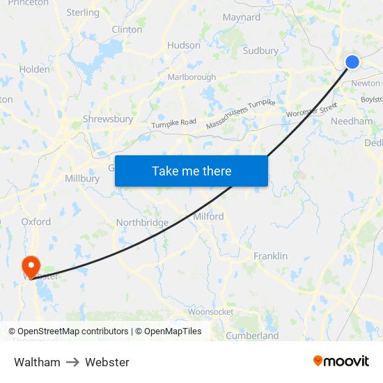 Waltham to Webster map