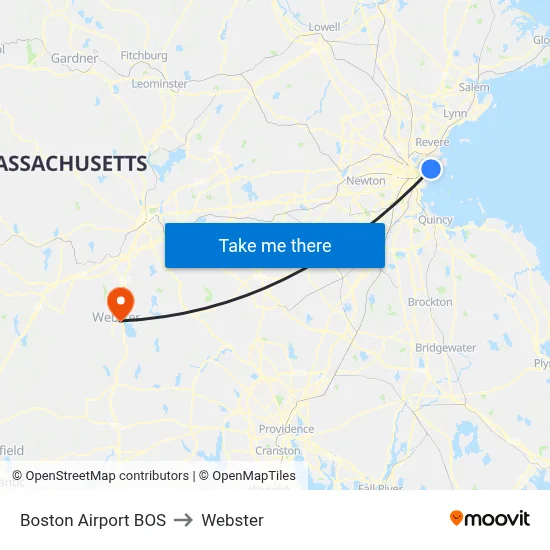 Boston Airport BOS to Webster map