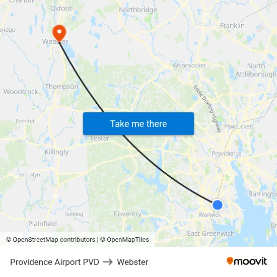 Providence Airport PVD to Webster map
