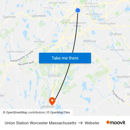 Union Station Worcester Massachusetts to Webster map