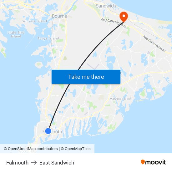 Falmouth to East Sandwich map