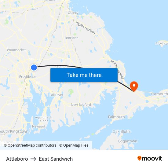 Attleboro to East Sandwich map