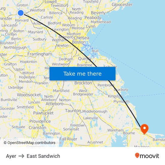 Ayer to East Sandwich map