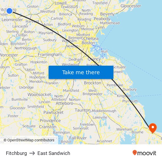 Fitchburg to East Sandwich map