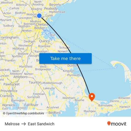 Melrose to East Sandwich map