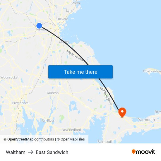 Waltham to East Sandwich map