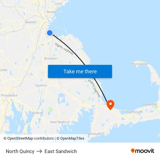 North Quincy to East Sandwich map