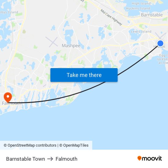 Barnstable Town to Falmouth map