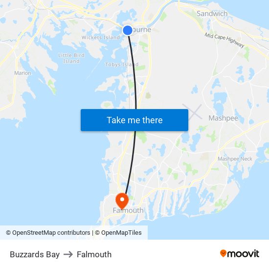 Buzzards Bay to Falmouth map