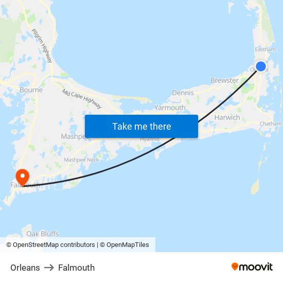 Orleans to Falmouth map