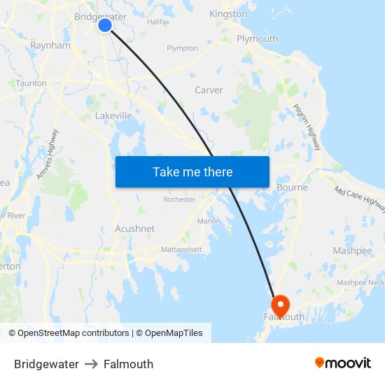 Bridgewater to Falmouth map