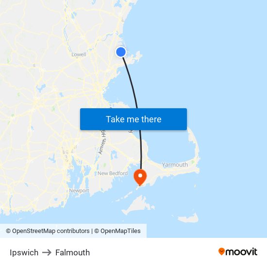 Ipswich to Falmouth map