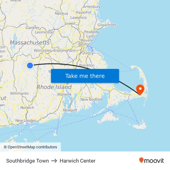 Southbridge Town to Harwich Center map