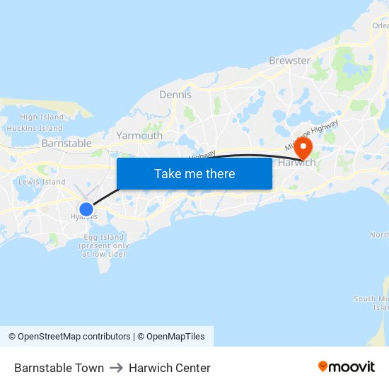 Barnstable Town to Harwich Center map