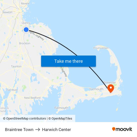 Braintree Town to Harwich Center map