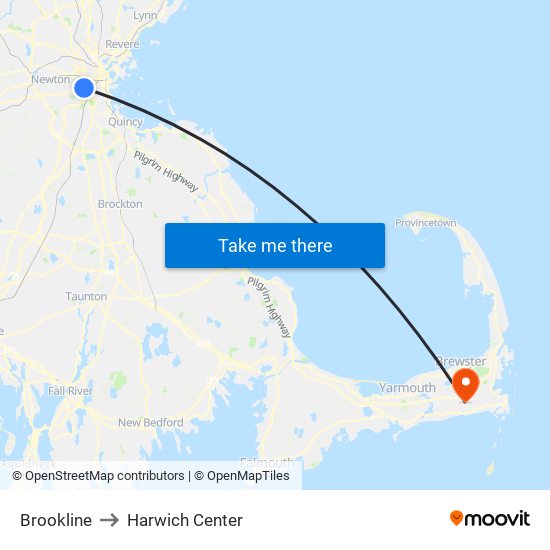 Brookline to Harwich Center map