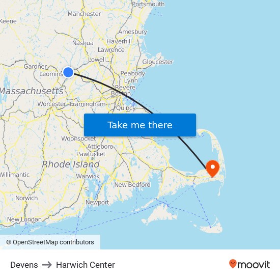 Devens to Harwich Center map