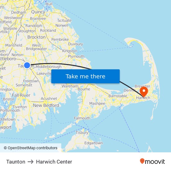 Taunton to Harwich Center map