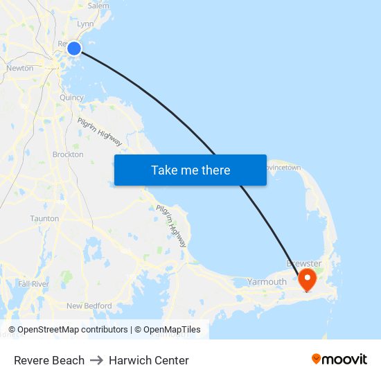 Revere Beach to Harwich Center map