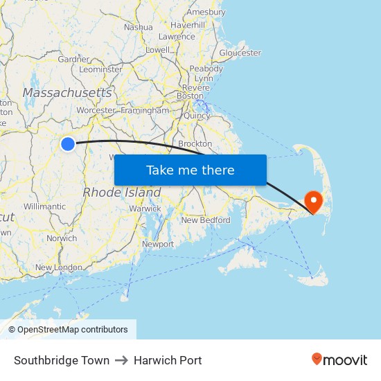 Southbridge Town to Harwich Port map