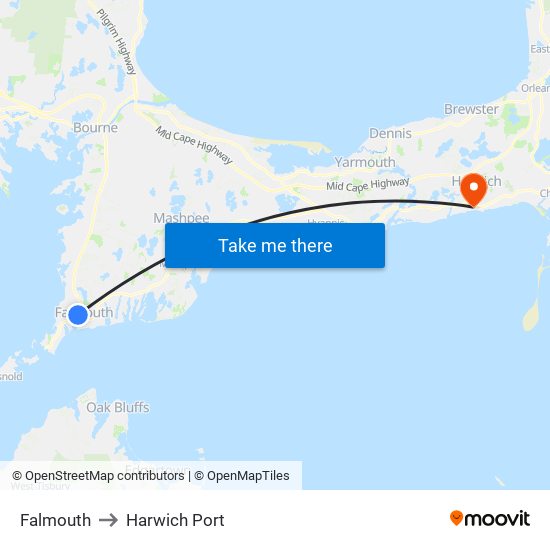 Falmouth to Harwich Port map