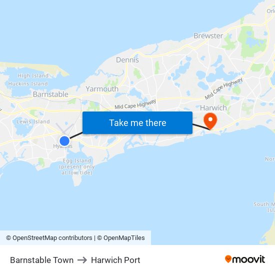 Barnstable Town to Harwich Port map