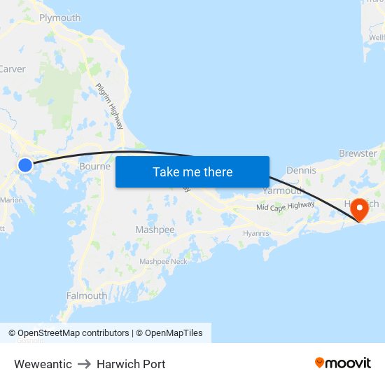 Weweantic to Harwich Port map