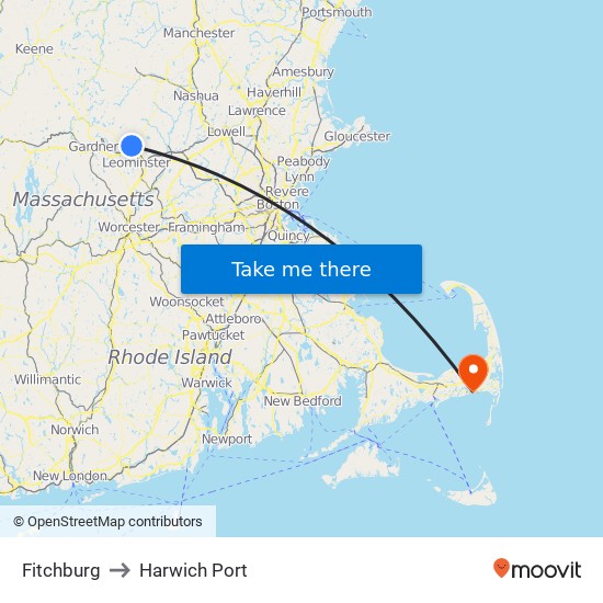 Fitchburg to Harwich Port map