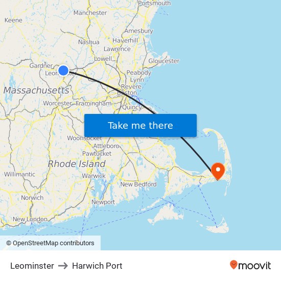 Leominster to Harwich Port map