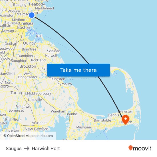 Saugus to Harwich Port map