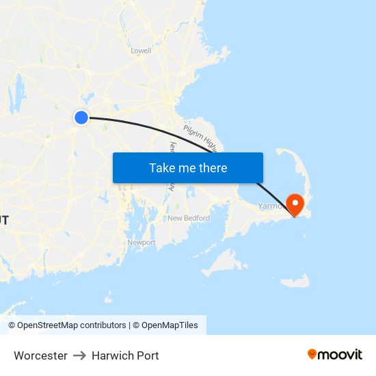 Worcester to Harwich Port map