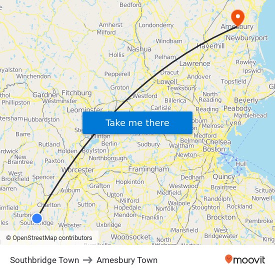 Southbridge Town to Amesbury Town map