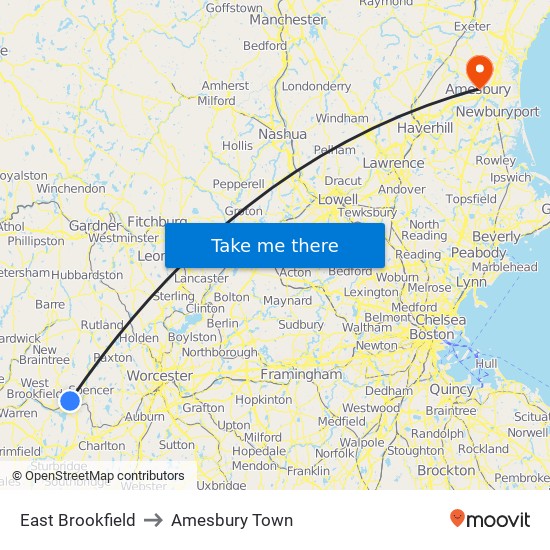 East Brookfield to Amesbury Town map