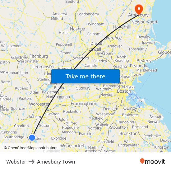 Webster to Amesbury Town map