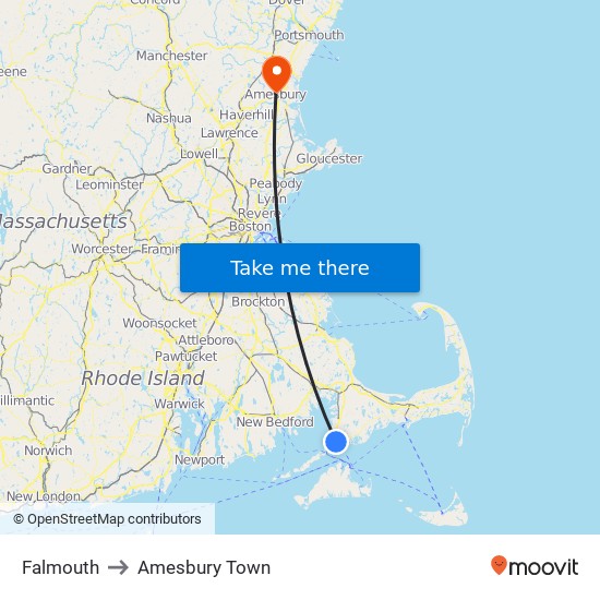 Falmouth to Amesbury Town map