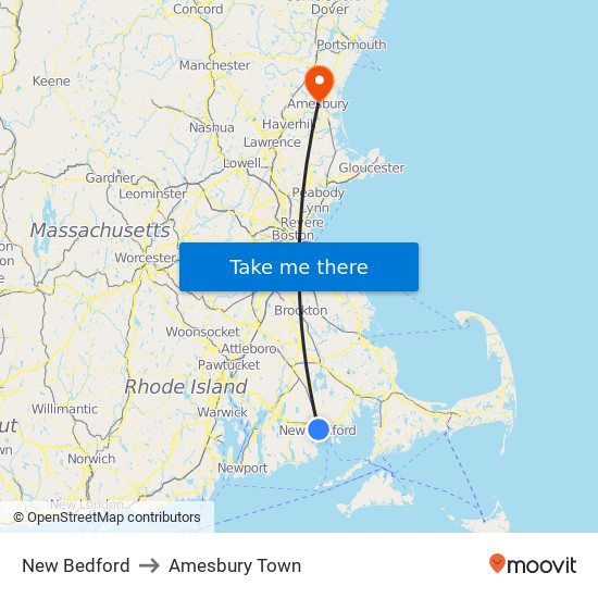New Bedford to Amesbury Town map