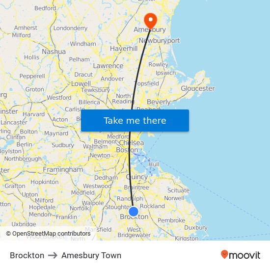 Brockton to Amesbury Town map