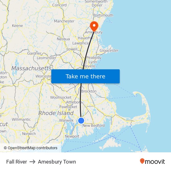 Fall River to Amesbury Town map