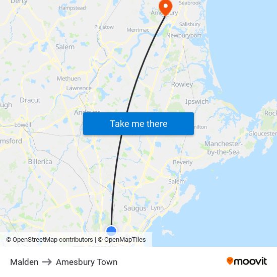 Malden to Amesbury Town map