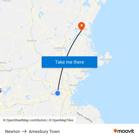 Newton to Amesbury Town map