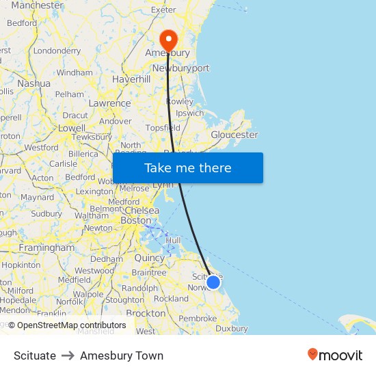 Scituate to Amesbury Town map