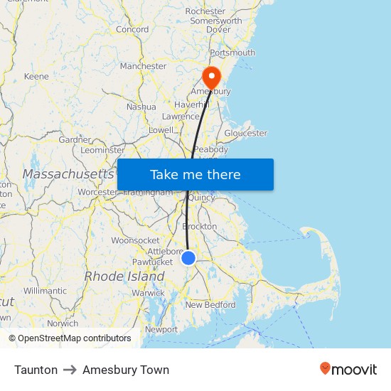 Taunton to Amesbury Town map