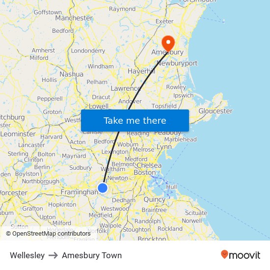 Wellesley to Amesbury Town map