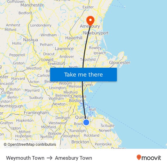 Weymouth Town to Amesbury Town map