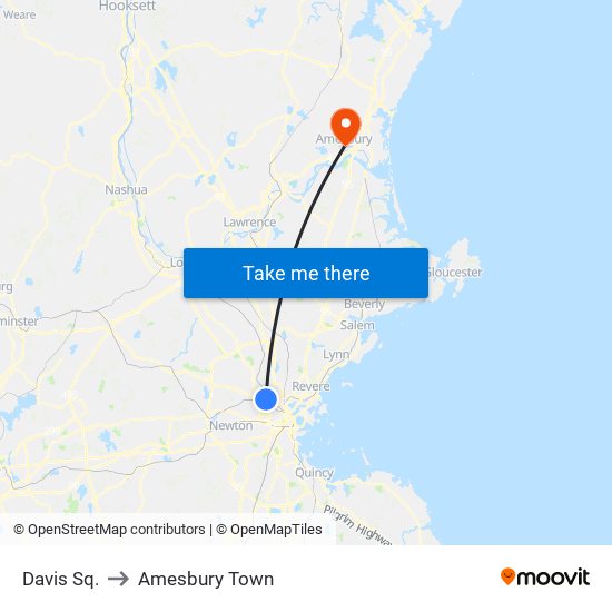 Davis Sq. to Amesbury Town map