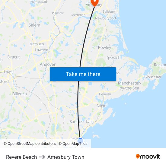 Revere Beach to Amesbury Town map