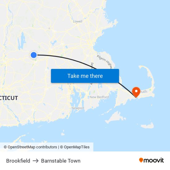 Brookfield to Barnstable Town map
