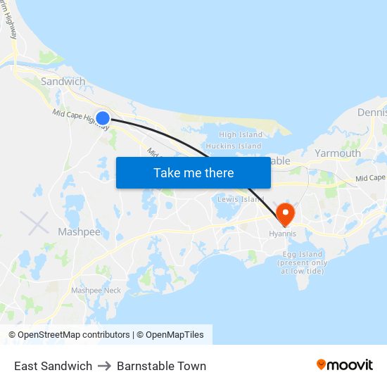 East Sandwich to Barnstable Town map