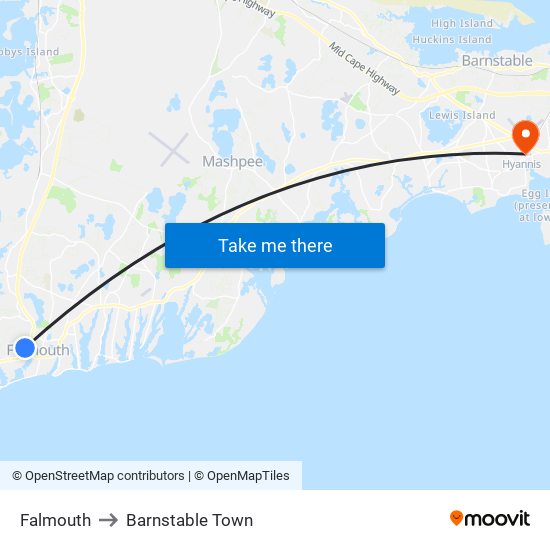 Falmouth to Barnstable Town map