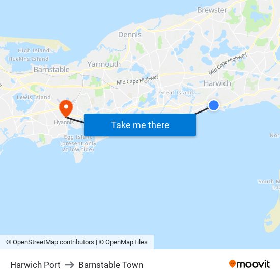 Harwich Port to Barnstable Town map